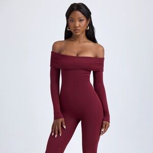 Oh Polly Off-Shoulder Flared Jumpsuit - Burgundy